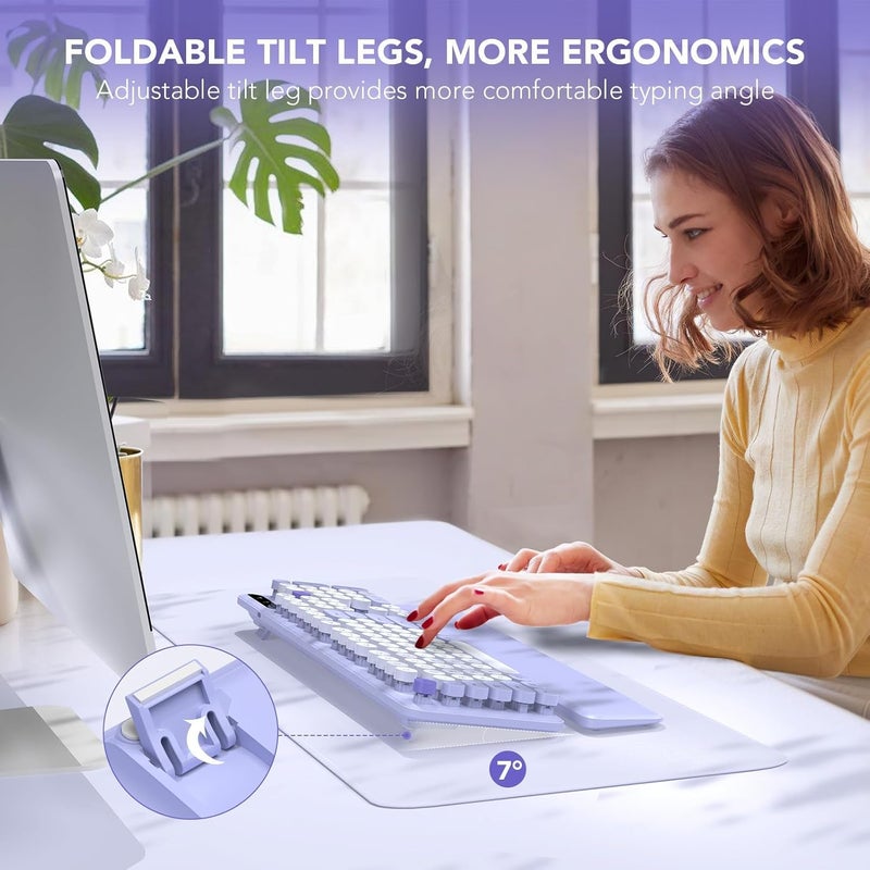 SABLUTE Wireless Keyboard, Round Keycaps, Retro Typewriter Keyboard with Detachable Wrist Rest, Sleep Mode, Foldable Legs, 2.4GHz Full-Size Cordless Computer Keyboard for Windows/PC/Laptop (Colorful-Purple) - Image 3